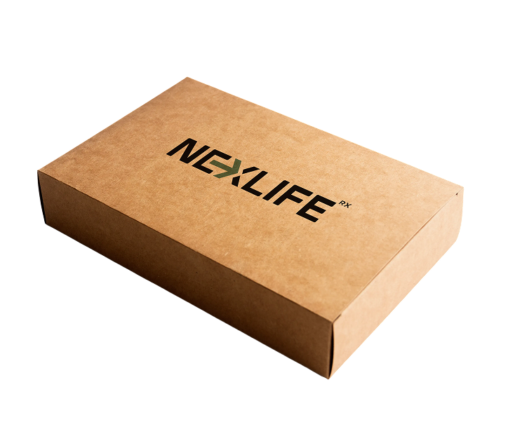 Kraft paper box with 'NexLife' branding on a white background