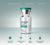 A vial of Semaglutide Microdose Injection 5mg/mL with a teal cap, centered on a light teal gradient background with feature icons and text at the top and bottom.